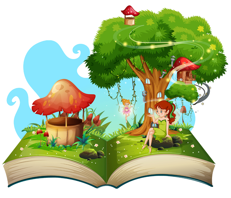 Open book with magical fairy scene.